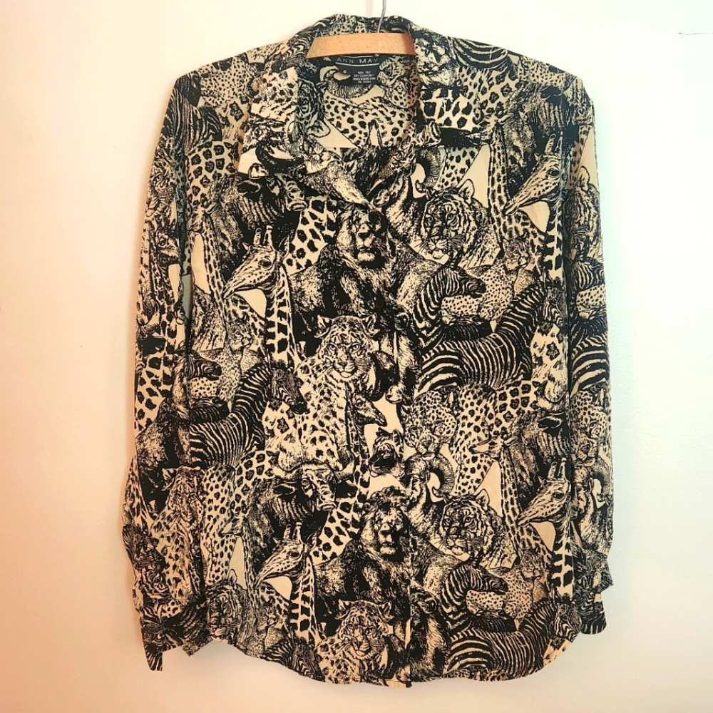 Ann May Vintage Silk Animal Print Blouse Women's Size Small